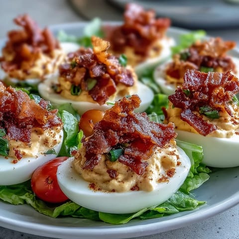 Creamy BLT Deviled Eggs topped with crispy bacon crumbles, fresh lettuce, and juicy tomatoes for a tangy, savory bite.