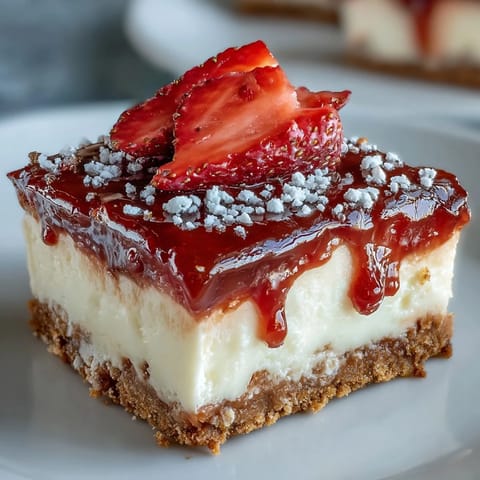 Strawberry cheesecake bars with fresh sliced strawberries on a creamy no-bake filling and buttery graham crust.  