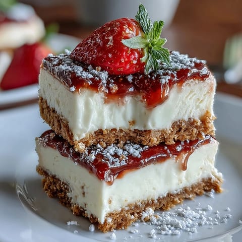Creamy strawberry cheesecake bars featuring a rich filling over a crisp graham cracker base, topped with juicy fresh berries.  