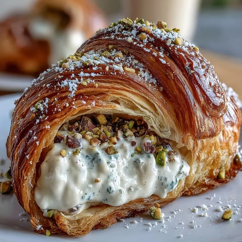 Flaky croissant filled with rich, sweet pistachio cream and topped with crunchy pistachios, baked to golden perfection.