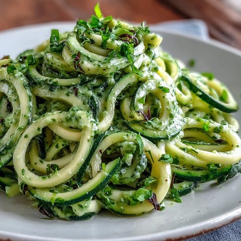 Fresh Zucchini Noodles with Avocado Pesto, a bright, healthy dish perfect for lunch.