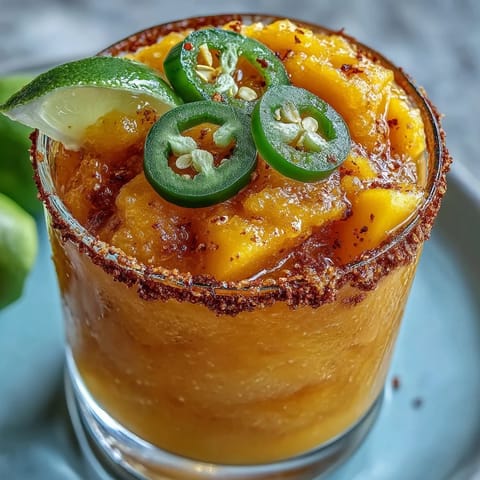 Refreshing no-alcohol Fricy Spicy Mango Margarita Slushie, perfect for summer enjoyment.