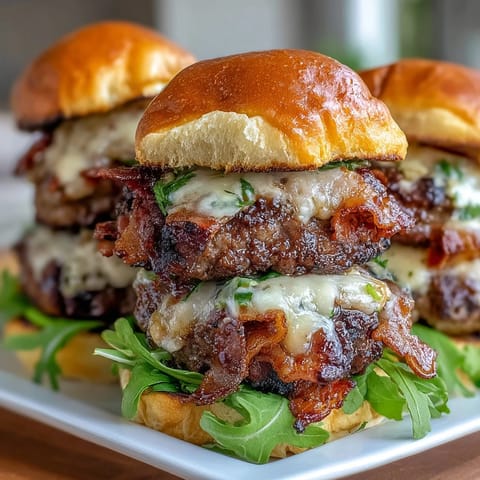 Juicy Father's Day grilled bacon burger sliders with melted cheese, perfect family feast.
