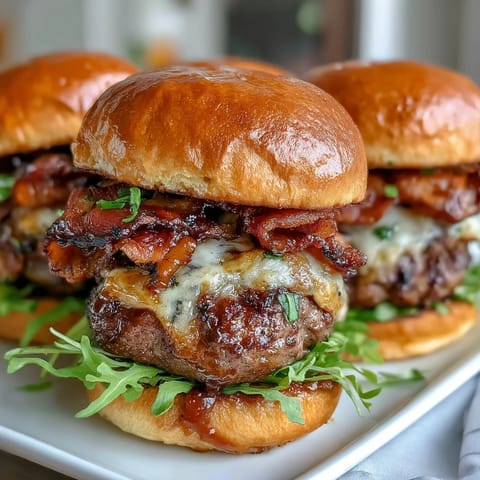 Crispy bacon adorns these delicious grilled bacon burger sliders, ready to serve.