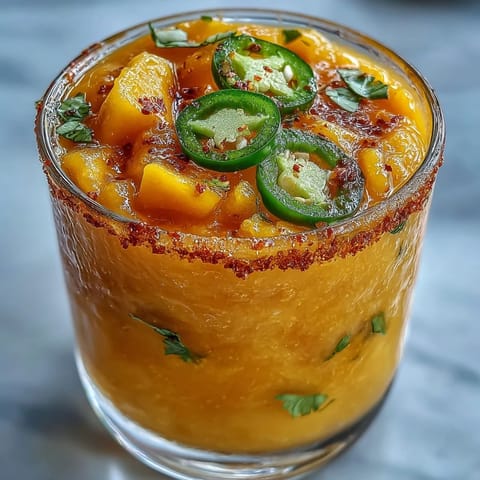 Vibrant Fricy Spicy Mango Margarita Slushie, frosty with spicy jalapeño kick.