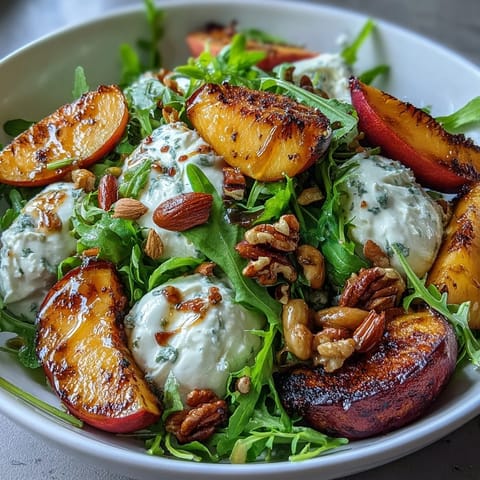 Juicy grilled peach and burrata salad with honey balsamic dressing.