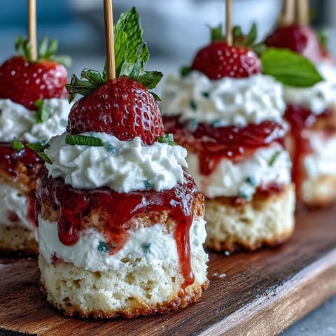 Mini strawberry shortcake bites on a stick, bursting with fresh berries and sweet cream.