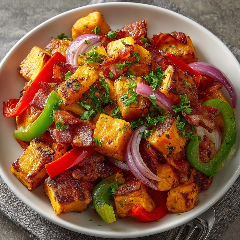 Homemade Sweet Potato &amp; Bacon Breakfast Hash: colorful, warm, perfect for a brunch dish.