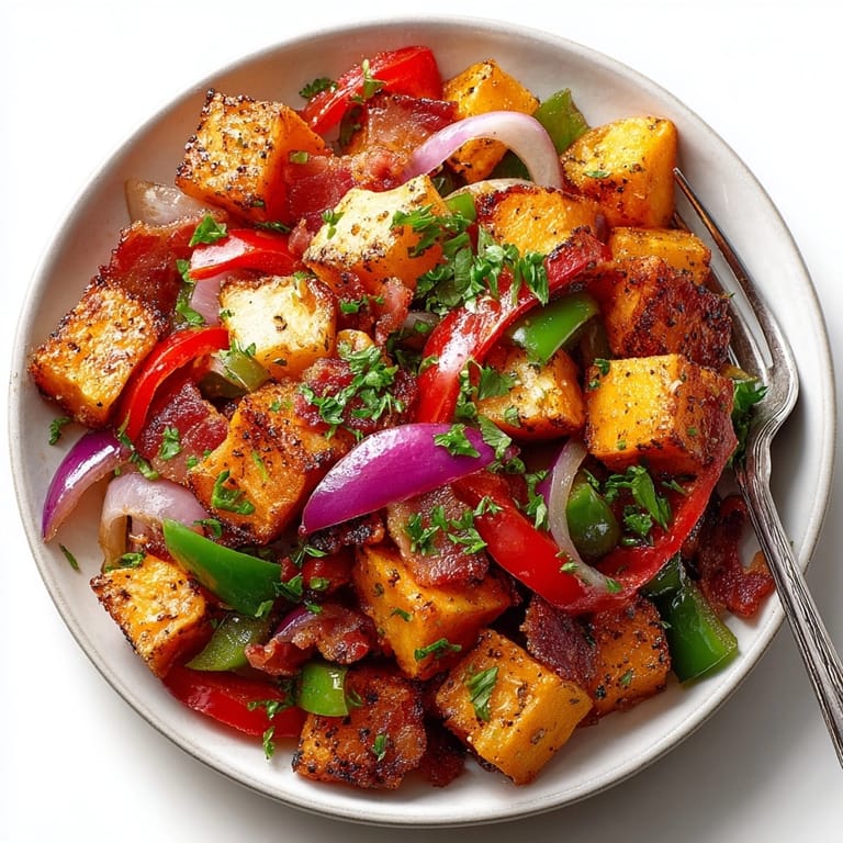 Pan of comforting Sweet Potato Bacon Breakfast Hash, smelling of smoky bacon and herbs.