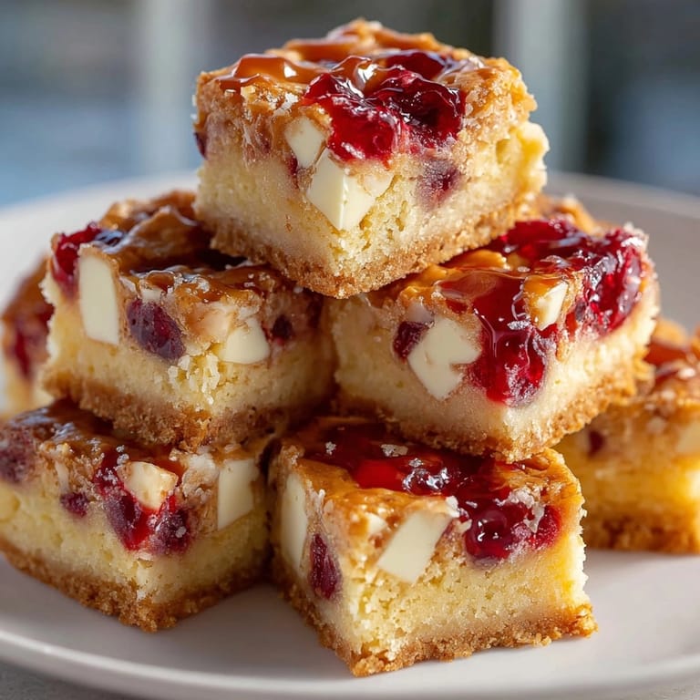 Close-up showing a tray of chewy Cherry Coded Blondie Bites, ready for a party or snack.