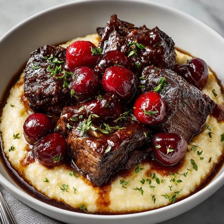 Savory cherry-braised short ribs recipe glistens; a comforting and flavorful dinner with polenta.