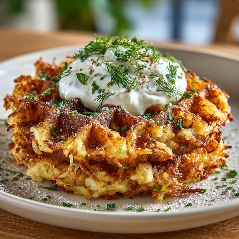 Homemade Vegan Pickle Hash Brown Waffles with dill yogurt – tangy, textured perfection!