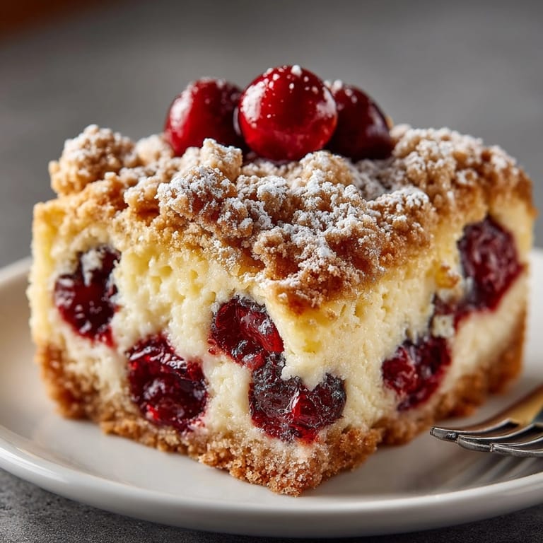 Warm Cherry Streusel Breakfast Clafoutis: a comforting brunch recipe scattered with crunchy streusel topping.