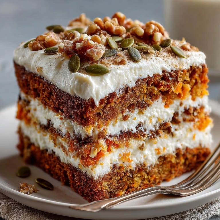 Golden-hued Autumn Chaos Carrot Cake recipe, bursting with autumn spice flavors and textures.