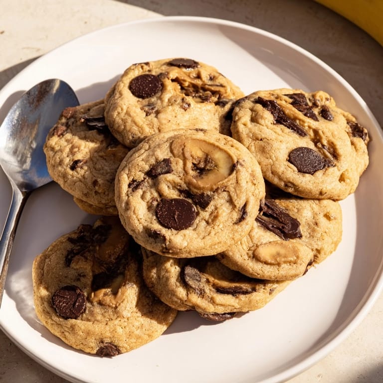 Close-up of soft, freshly baked Peanut Butter Banana Chip Cookies with melted chocolate.