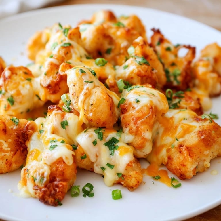 Baked Cheesy Ranch Chicken Bites, glistening with melted cheddar, perfect served warm, garnished with herbs.