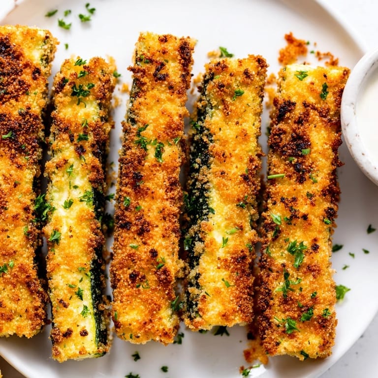 Crispy Cheesy Cajun Zucchini Sticks: close-up shows textured breading, fresh parsley garnish.