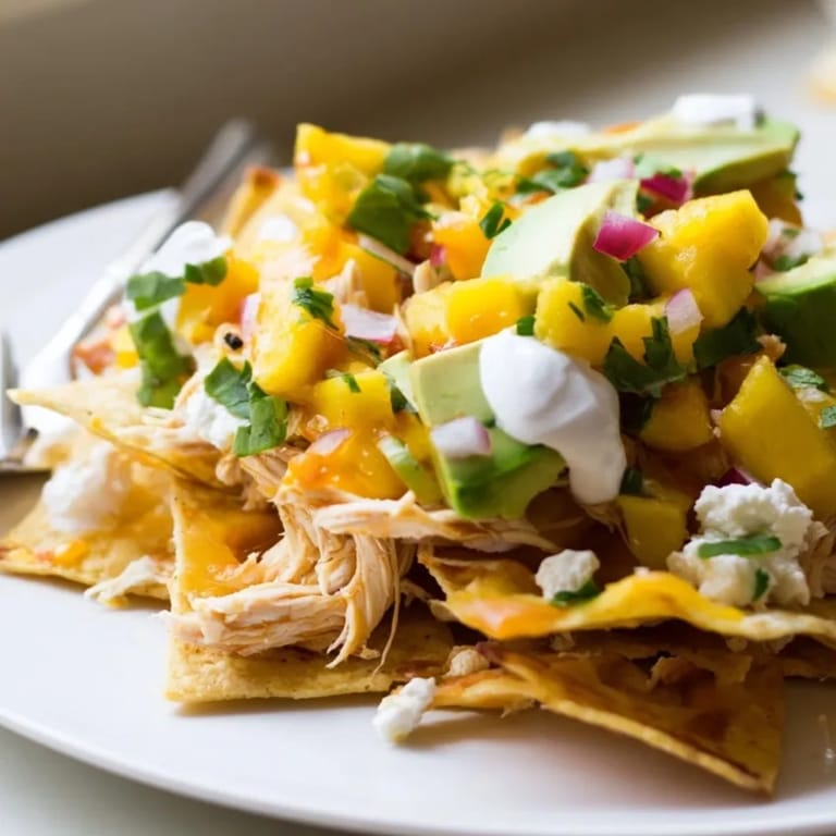 Imagine warm, cheesy Mango Pineapple Chicken Nachos piled high with fresh salsa and avocado.