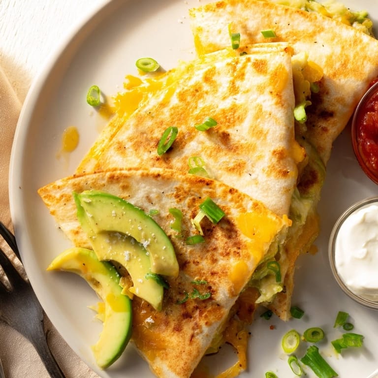 Hot, crispy Avocado Cheddar Grilled Quesadilla: a delicious, portable snack, ready to eat.