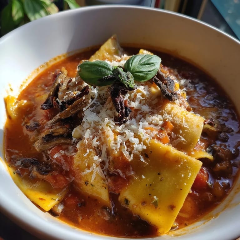 Comforting Lasagne Soup with creamy cheeses and rich, savory flavors, perfect for dinner  