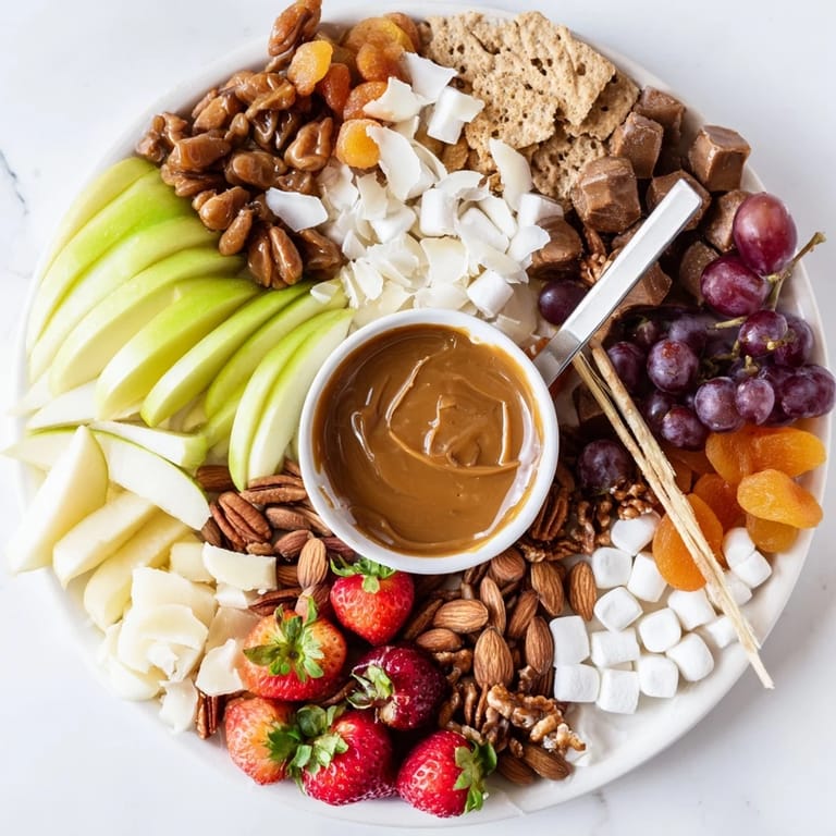 Autumn-inspired vegan caramel apple charcuterie board with sweet apple slices and crunchy nuts.
