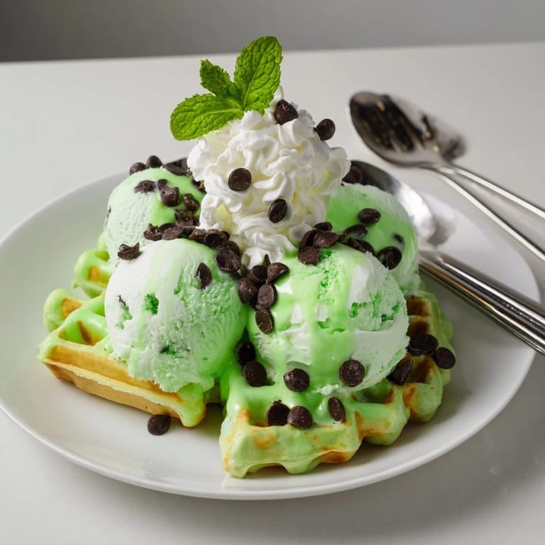 Delicious Monster Mint Soda Float Waffles drizzled with chilled soda and whipped cream.