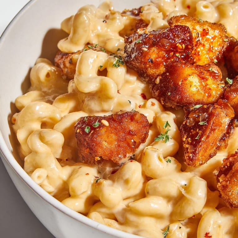 Savory Creamy Honey Pepper Chicken Mac and Cheese with golden, crispy chicken pieces.