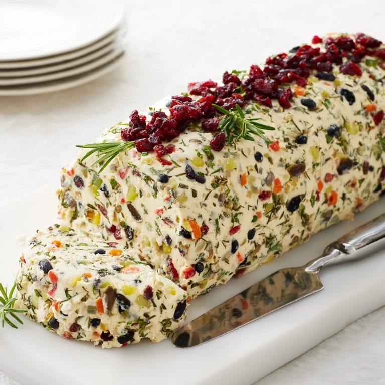 A colorful Holiday Antipasto Cream Cheese Log served with crunchy crackers for delightful bites.