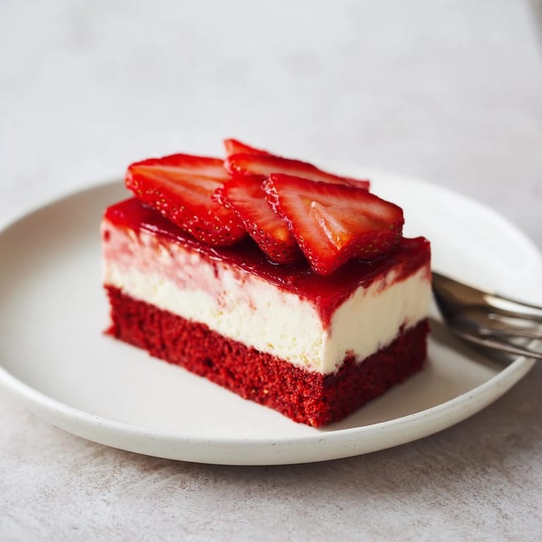 A decadent slice of Strawberry Red Velvet Cheesecake with a glossy strawberry drizzle.  