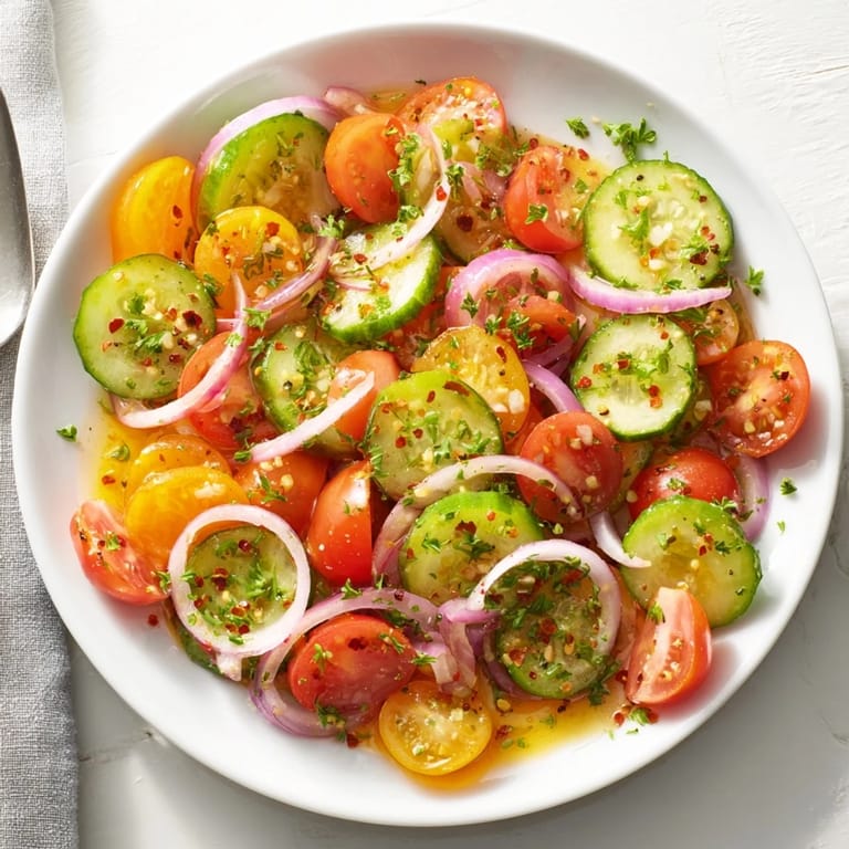 Vibrant Marinated Cucumbers, Onions, and Tomatoes, perfect for summer picnics or barbecues.  
