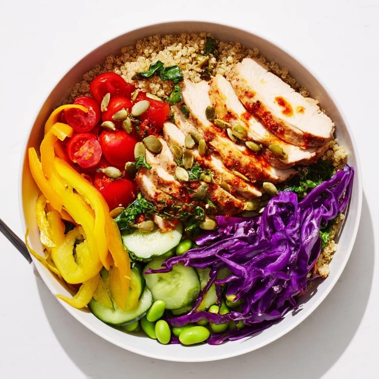 Vibrant healthy meal-prep bowls topped with zesty dressing and toasted pumpkin seeds.