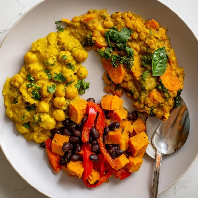 Savory Thai red lentil curry bubbling in coconut milk, topped with vibrant basil.