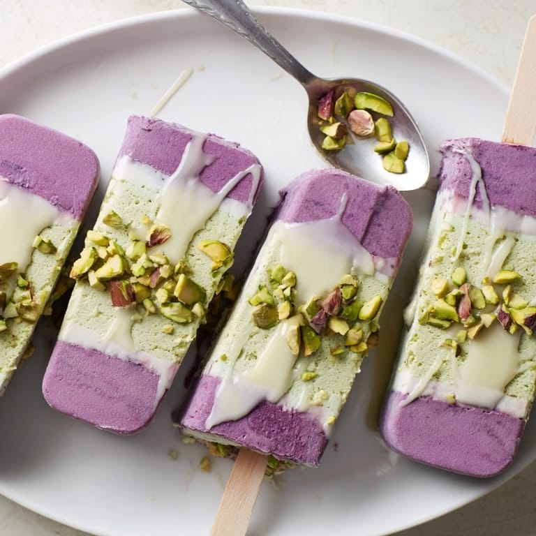 Delightful ube and pistachio ice cream bars topped with crunchy pistachio bits.  