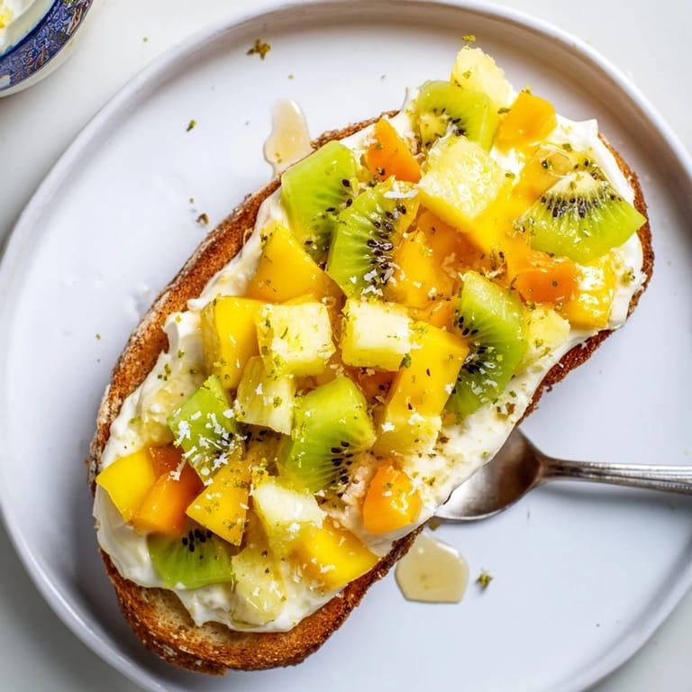 Vibrant Yogurt-Custard Toast 2.0 featuring tropical fruits and a golden, crisp edge.