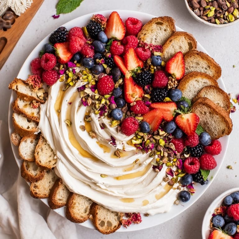 Decadent butter board dessert topped with vibrant berries and honey drizzle.