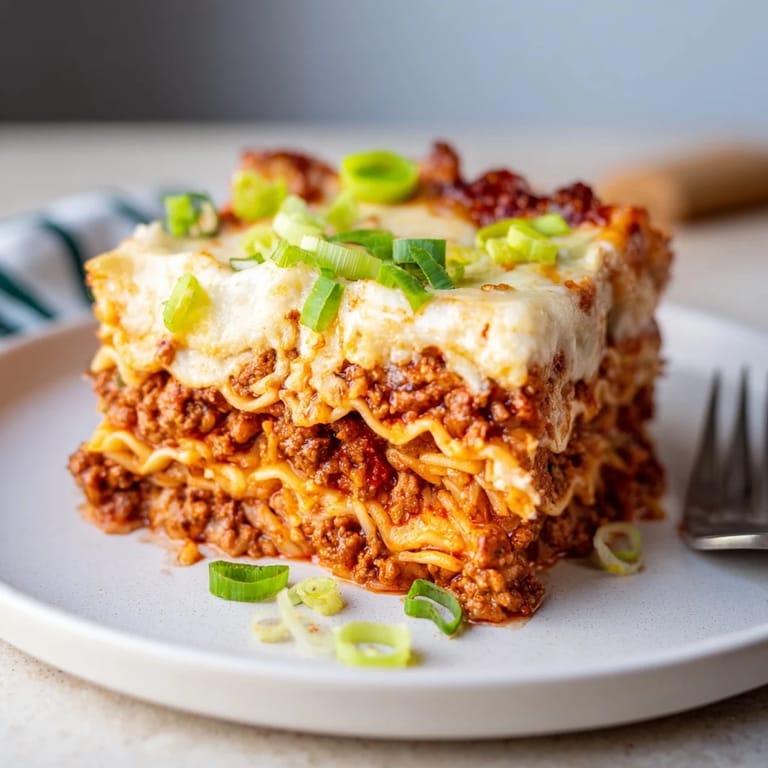 Comforting Spicy Ramen Lasagna topped with melted cheese and a rich tomato sauce.  