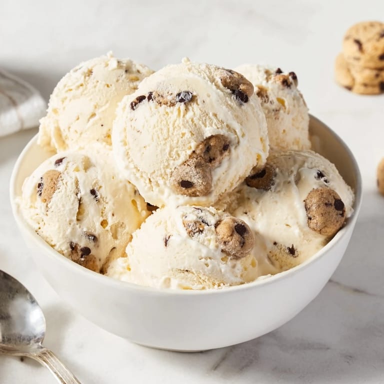 Refreshing cottage cheese ice cream blended with rich cookie dough, perfect for dessert lovers.