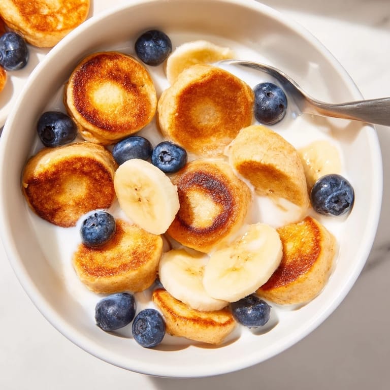 Fluffy mini pancake cereal served in a bowl with milk and fruit toppings.  