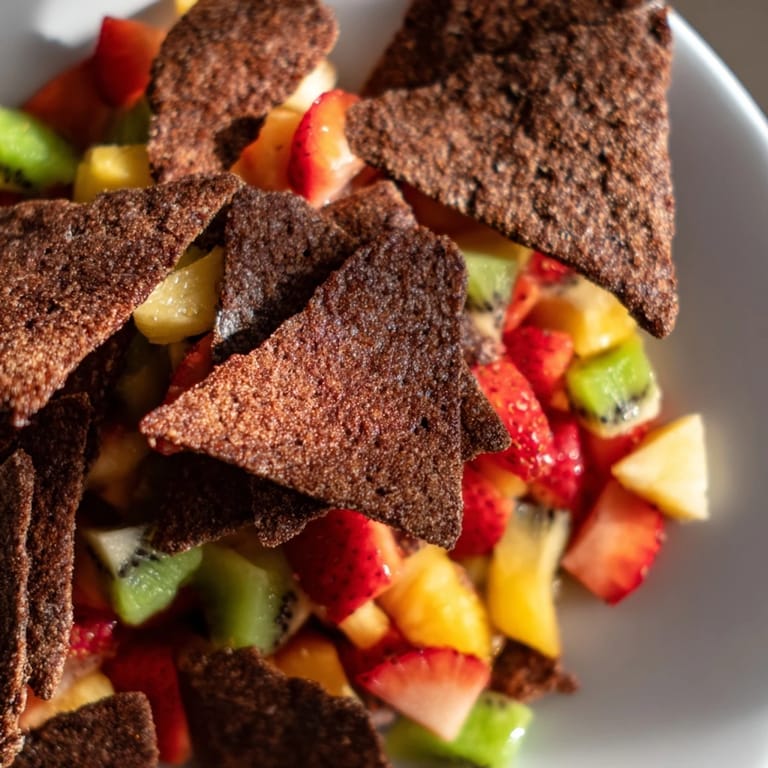 Sweet chocolate dessert chips served with refreshing fruit salsa, perfect for any celebration.