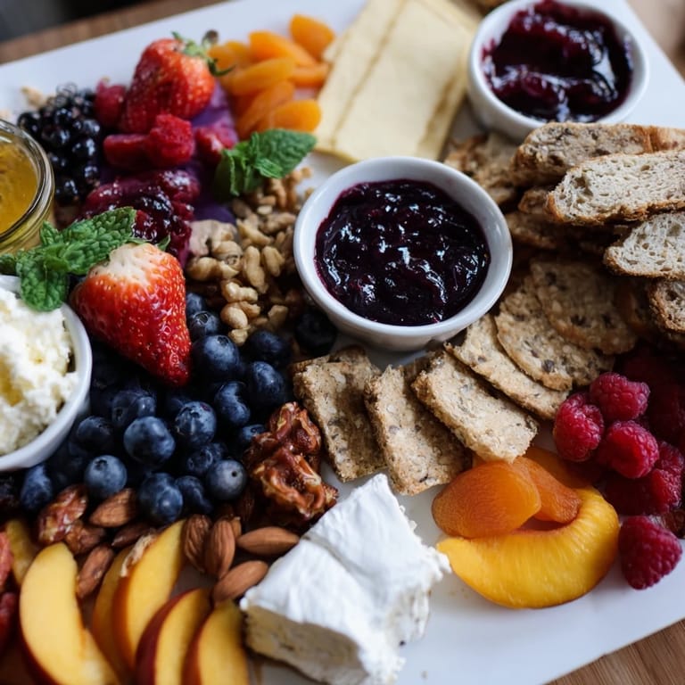 Elegant brunch board featuring strawberry jam, fresh peaches, and vibrant artisan cheeses.