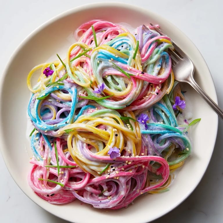 Vibrant Neon Noodle Cloud garnished with scallions and sesame seeds, a fun fusion meal.  