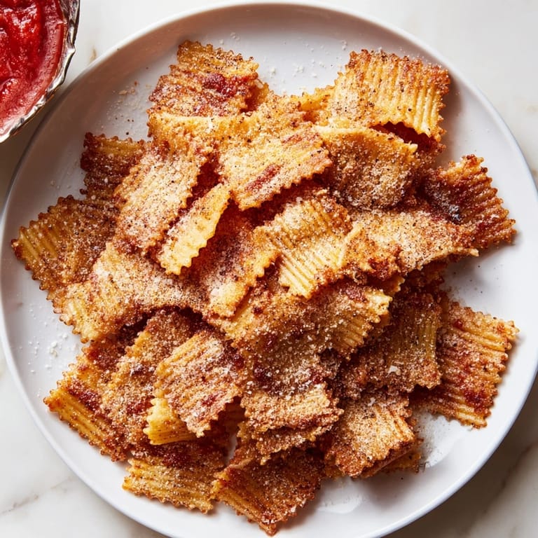 Flavor-packed seasoned pasta chips served warm, perfect for sharing with friends.