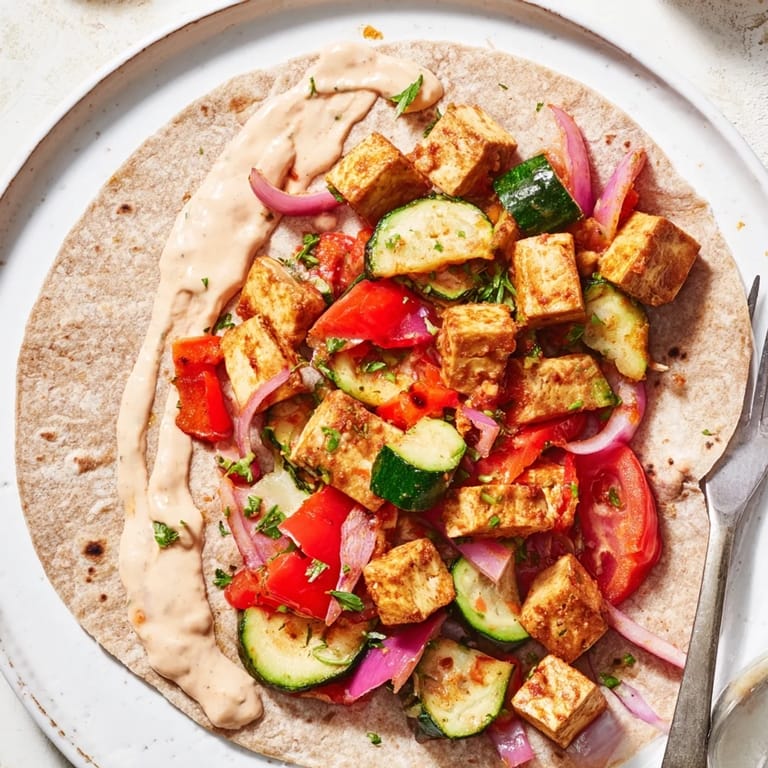 Vegan Viral Recipe Re-make featuring colorful roasted tofu with fresh veggies and tahini sauce.  