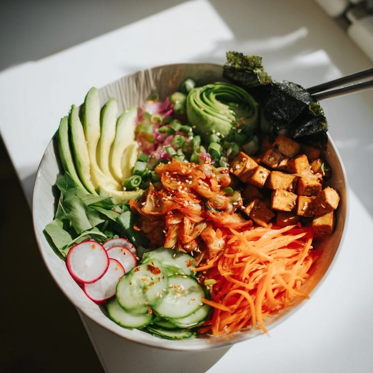 Colorful fermented vegetable bowl featuring tangy kimchi, sliced avocado, and earthy grains.
