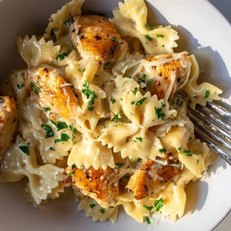 Delicious pasta and tender chicken in a rich garlic butter sauce, perfect for dinner.  
