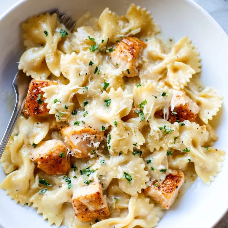 Savory Mozzarella Garlic Butter Chicken Bowties, topped with melted cheese and fresh herbs.