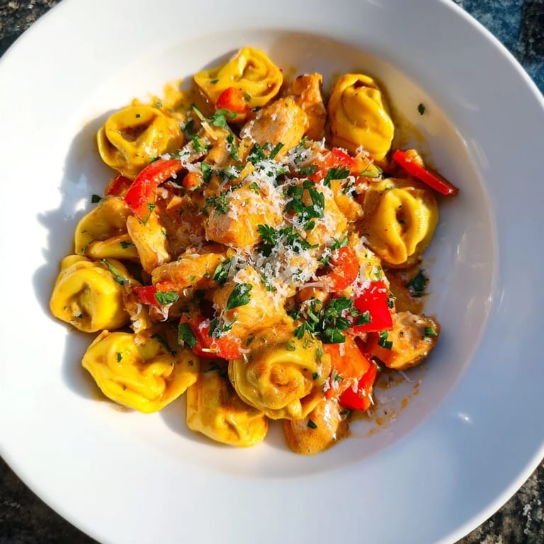 A deliciously creamy Zesty Cajun Garlic Parmesan Chicken Tortellini dish with vibrant colors  