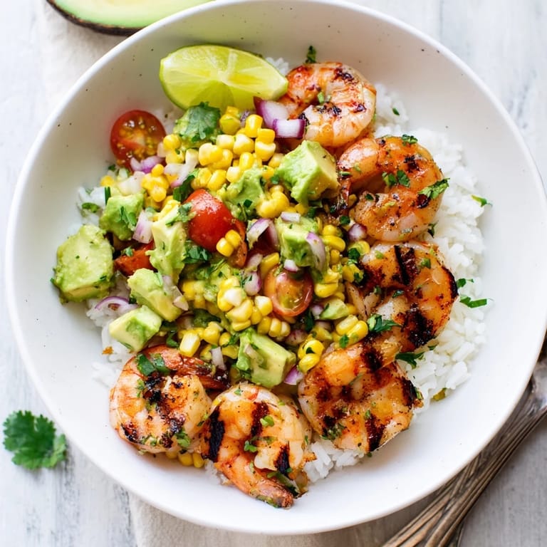 Delight in a colorful Easy Grilled Shrimp Bowl with succulent shrimp over fluffy rice.