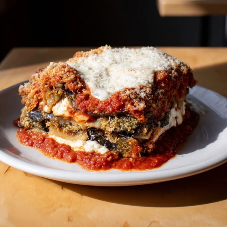 Close-up of baked Eggplant Parmesan Lasagna, showcasing crispy breading and a delicious, cheesy topping.