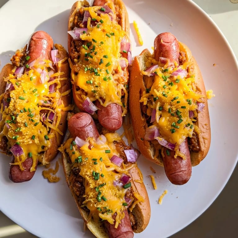 Cheesy Chili Dog Casserole, baked until golden and bubbly, perfect for a cozy weeknight dinner.